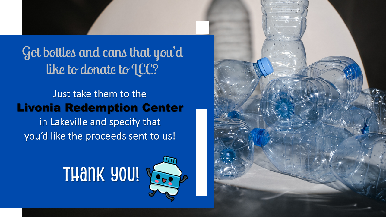 Bottle and can donation flyer directing donors to take recyclables to Livonia Redemption Center in Lakeville and request that proceeds be sent to Livonia Community Church.