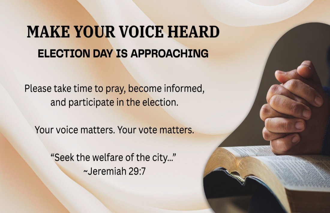 Election-day graphic urges viewers to pray, become informed, and vote, with Jeremiah 29:7 and a photo of clasped hands over an open Bible.
