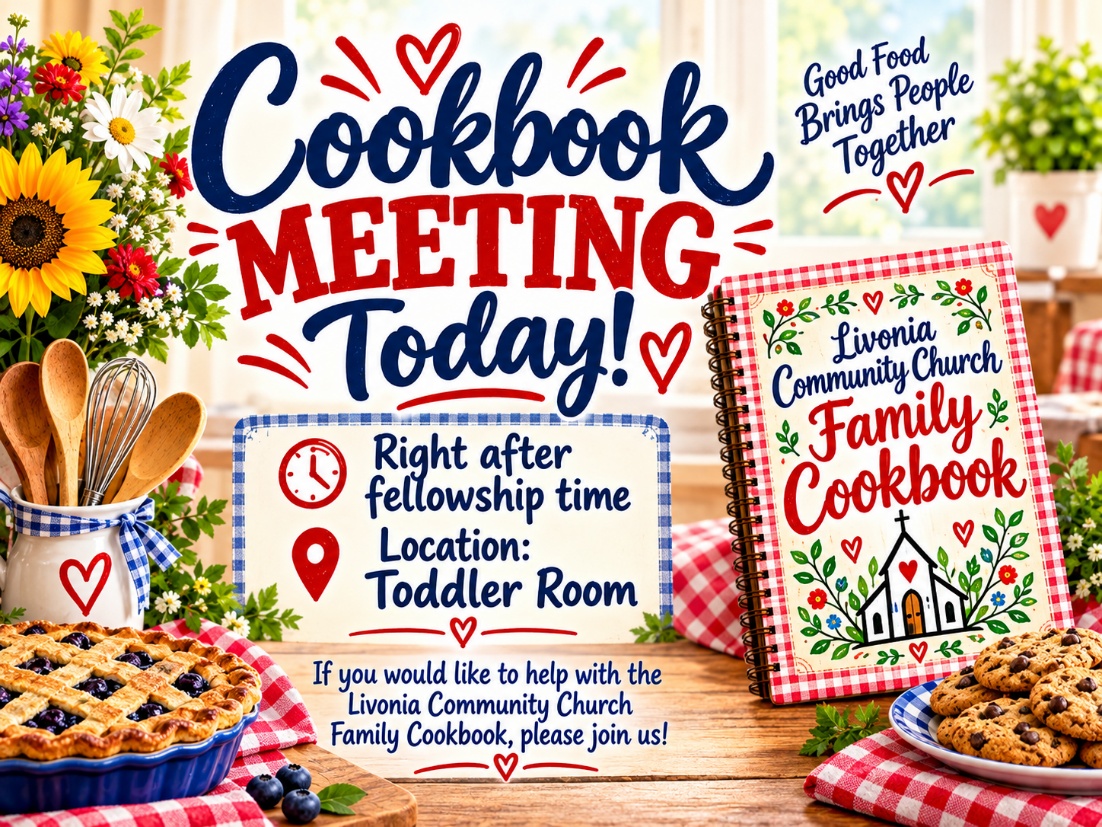 Family Cookbook meeting today after fellowship in the toddler room. Join the Livonia Community Church family cookbook project.