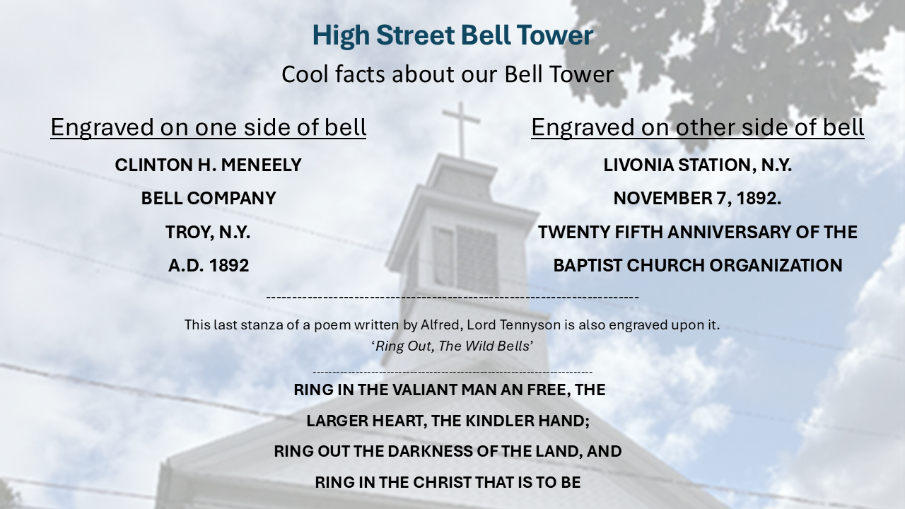 High Street Bell Tower graphic showing the tower behind text about the 1892 bell, its inscriptions, and a verse from Alfred, Lord Tennyson’s “Ring Out, Wild Bells.”