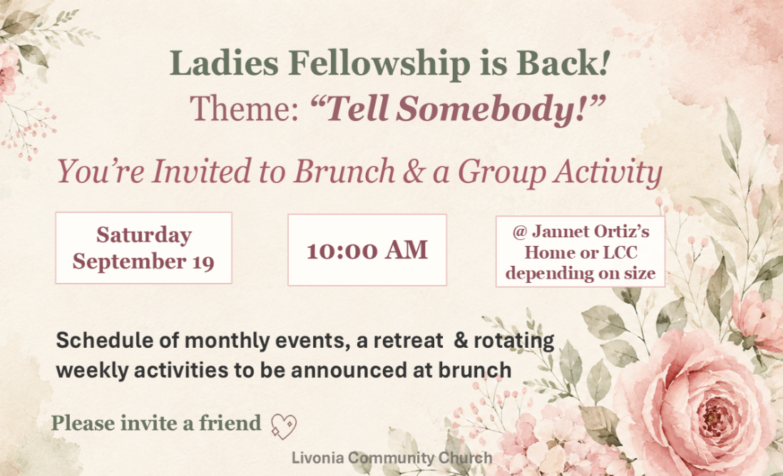 Ladies Fellowship brunch and group activity flyer for Saturday, September 19 at 10:00 a.m.