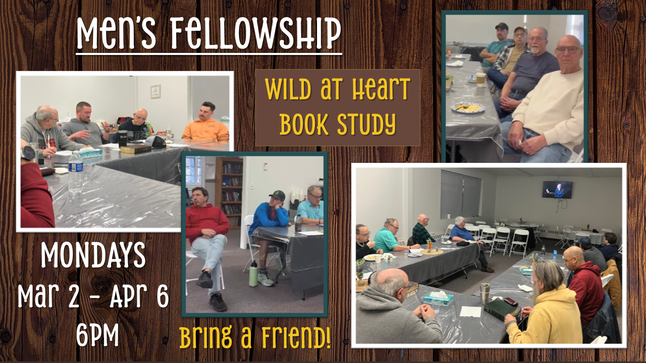 Men’s Fellowship flyer for the Wild at Heart book study, Mondays from March 2 to April 6 at 6 PM.