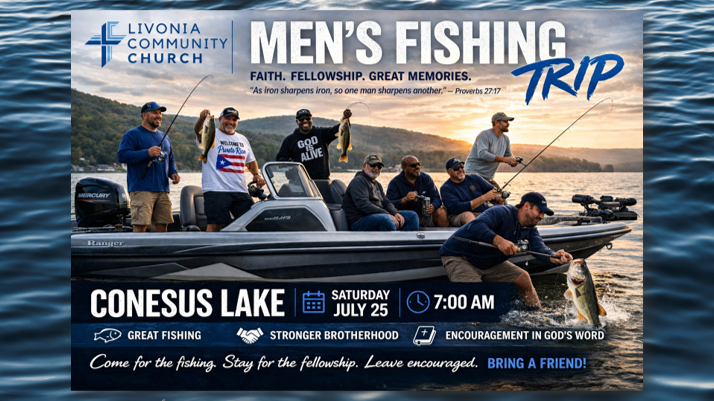 Men’s Fishing Trip flyer showing men fishing from a boat on Conesus Lake, Saturday, July 25 at 7 AM.