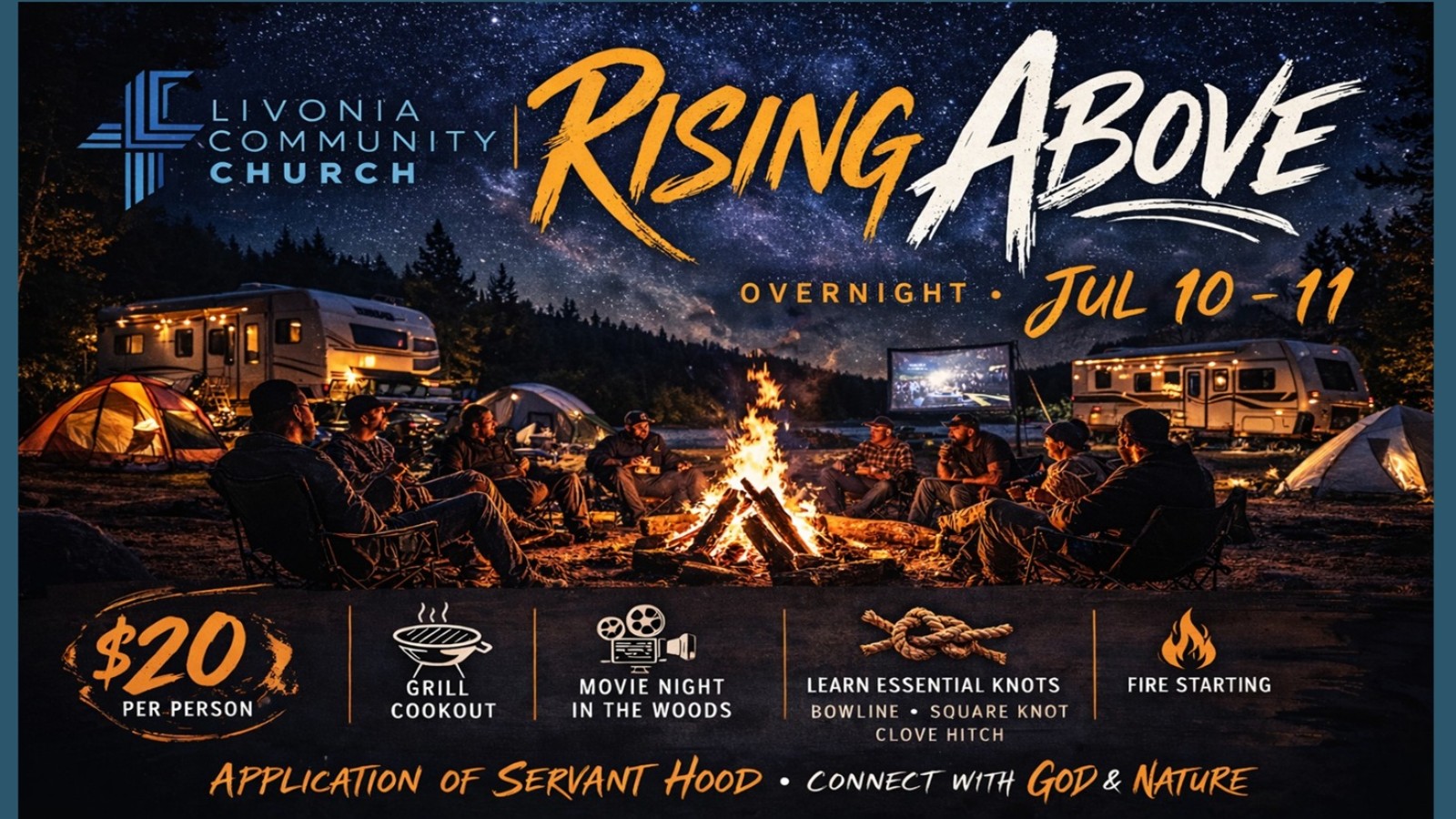 Rising Above overnight event flyer with a campsite, campfire, and outdoor activities.