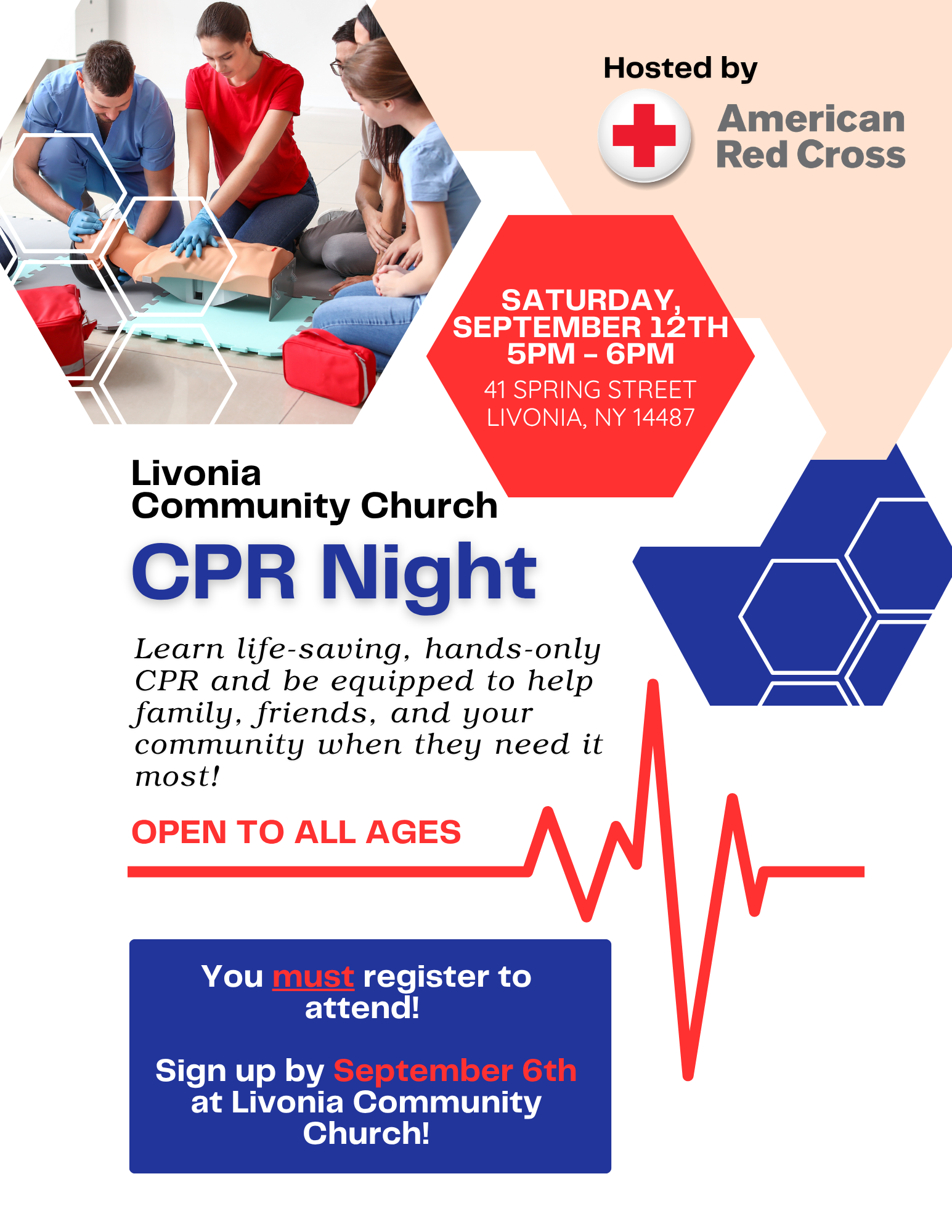 Livonia Community Church CPR Night graphic hosted by the American Red Cross on Saturday, September 12 from 5 to 6 PM; hands-only CPR training is open to all ages and requires registration.