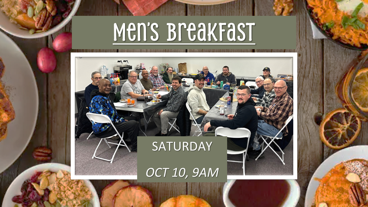 Men’s Breakfast flyer showing a group of men sharing a meal, scheduled for Saturday, October 10 at 9 AM.