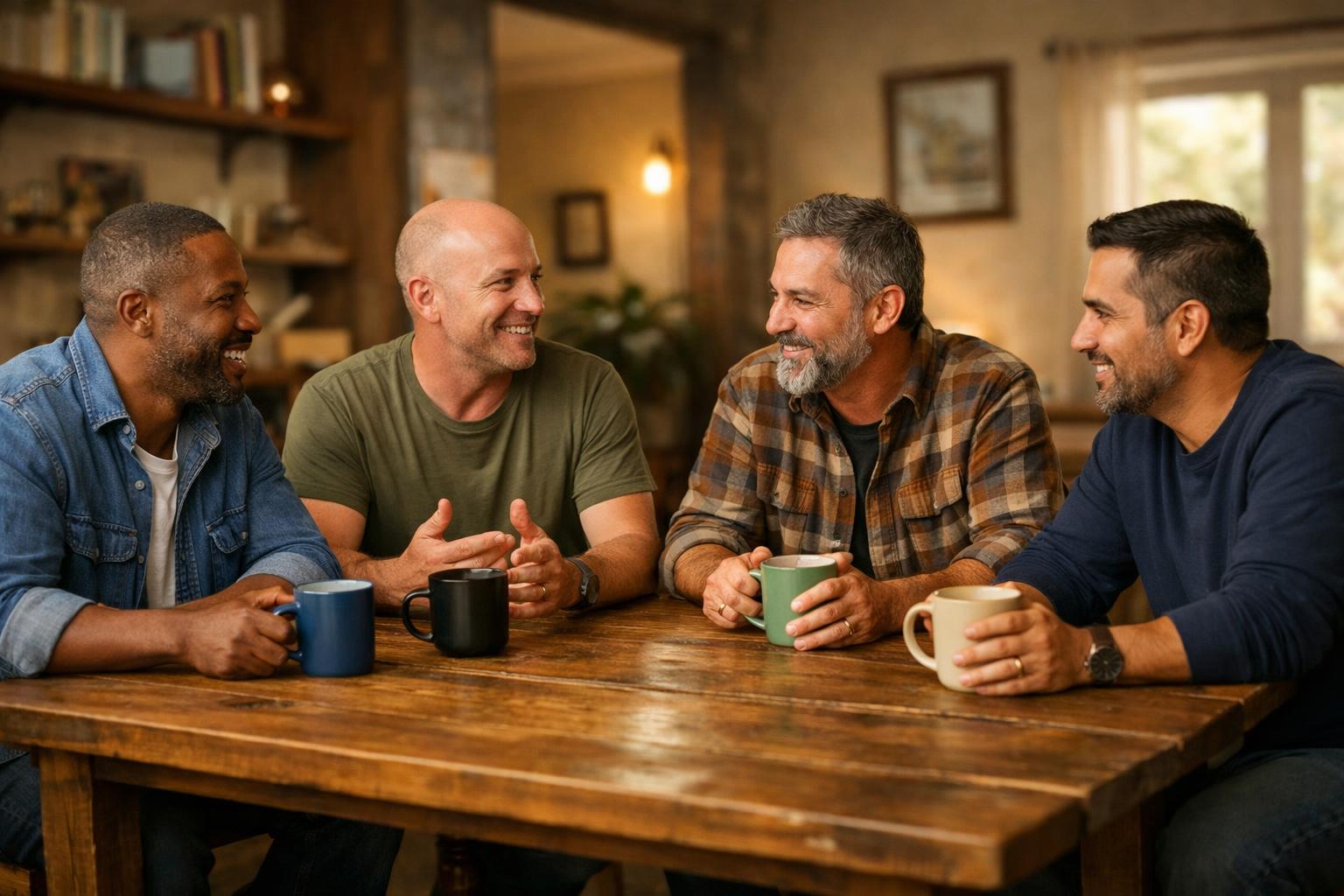 Men gathering for fellowship around a table