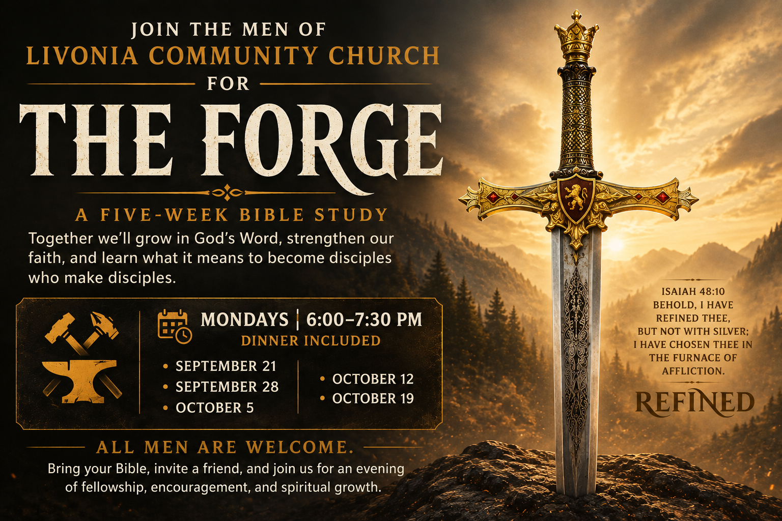 The Forge five-week Bible study graphic for men, meeting Mondays from 6 to 7:30 PM with dinner included; all men are welcome.