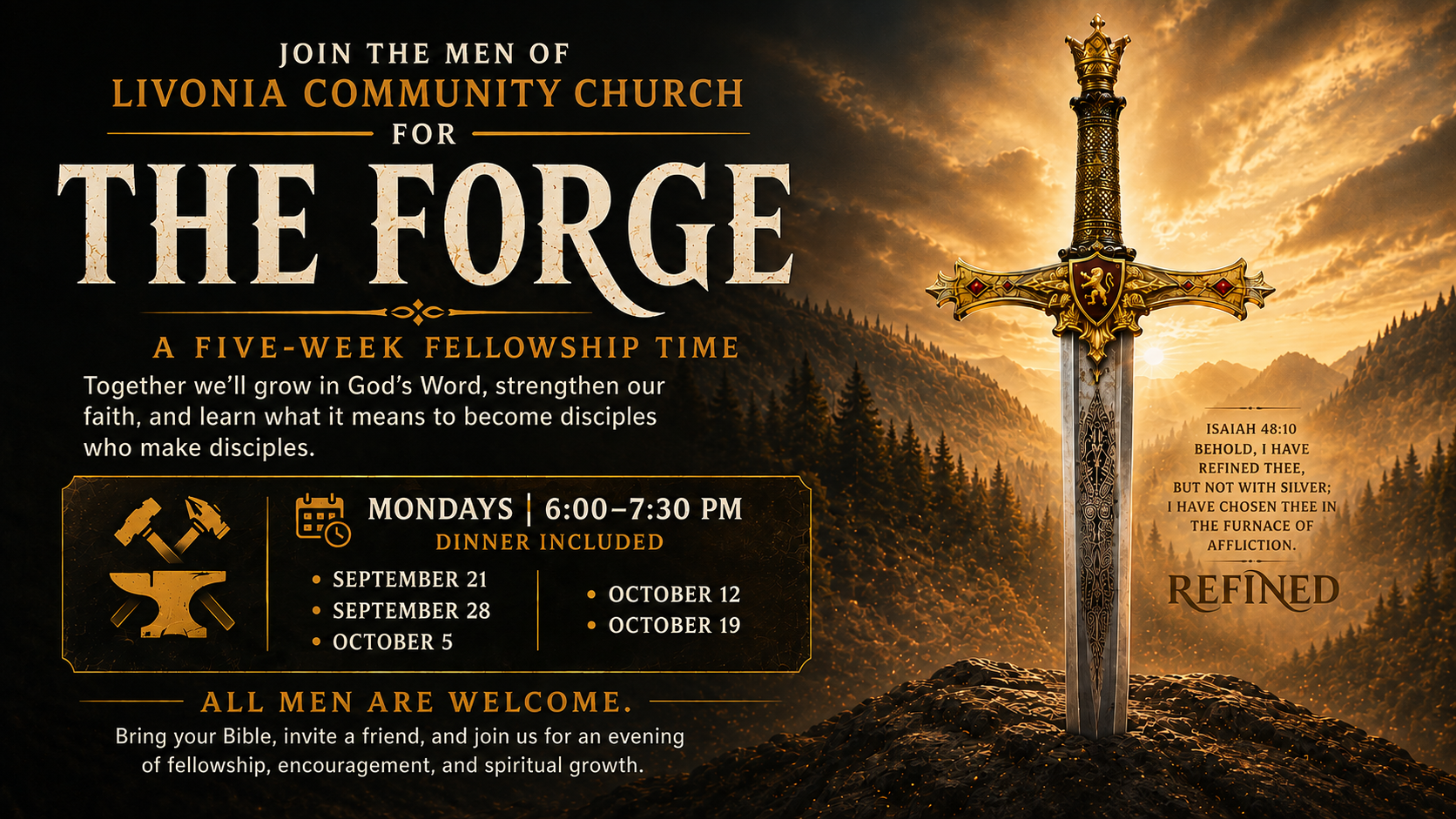 The Forge flyer for a five-week men’s fellowship at Livonia Community Church, Mondays from 6 to 7:30 PM with dinner included, September 21 through October 19.
