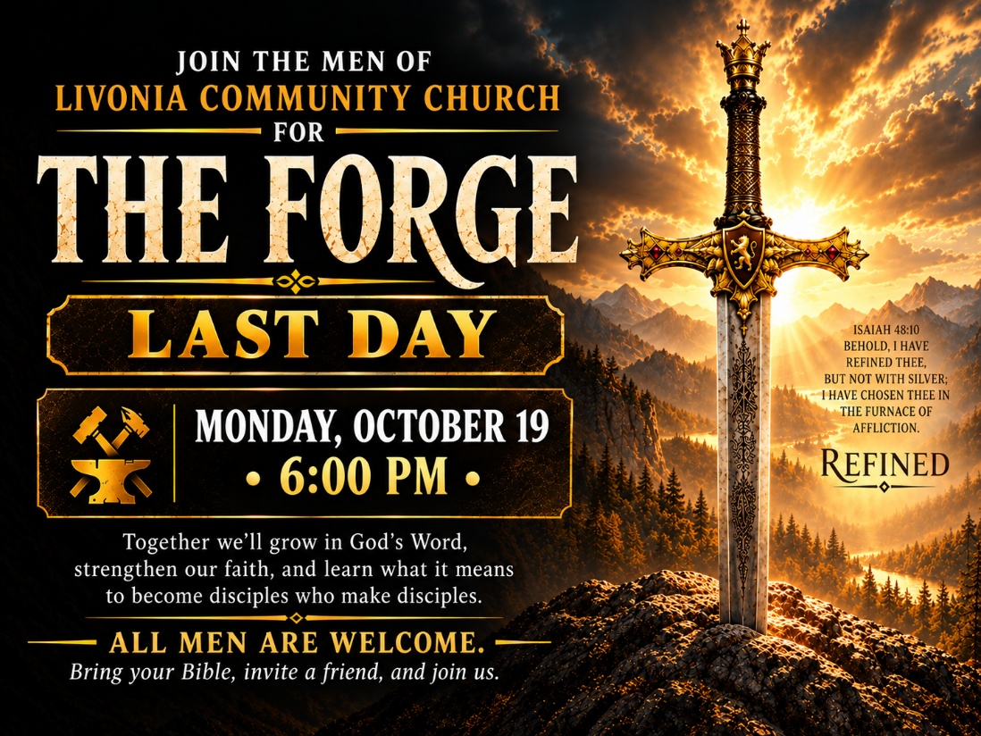 The Forge gathering for men at Livonia Community Church, Monday October 19 at 6 p.m. All men are welcome; bring a Bible and invite a friend.