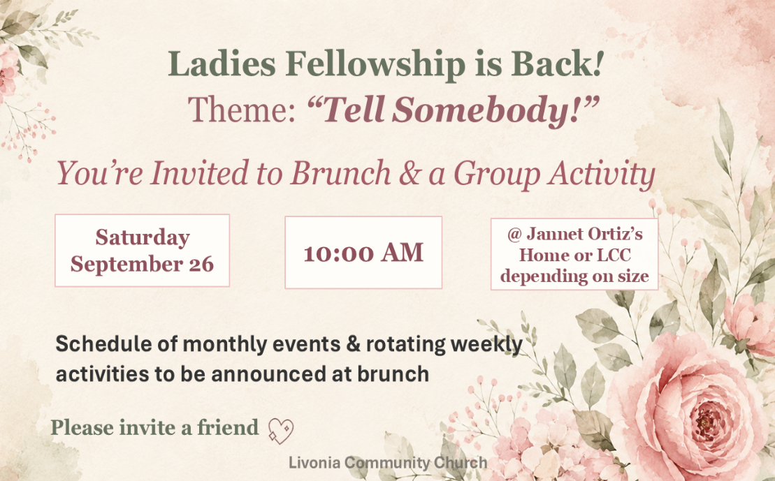 Ladies Fellowship brunch and group activity flyer for Saturday, September 26 at 10:00 a.m.