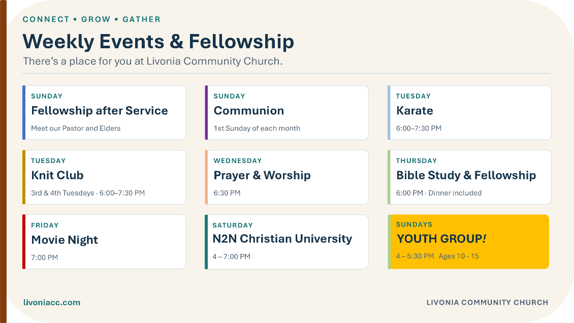 Weekly Events & Fellowship schedule showing Saturday N2N Christian University from 4:00–7:00 PM.
