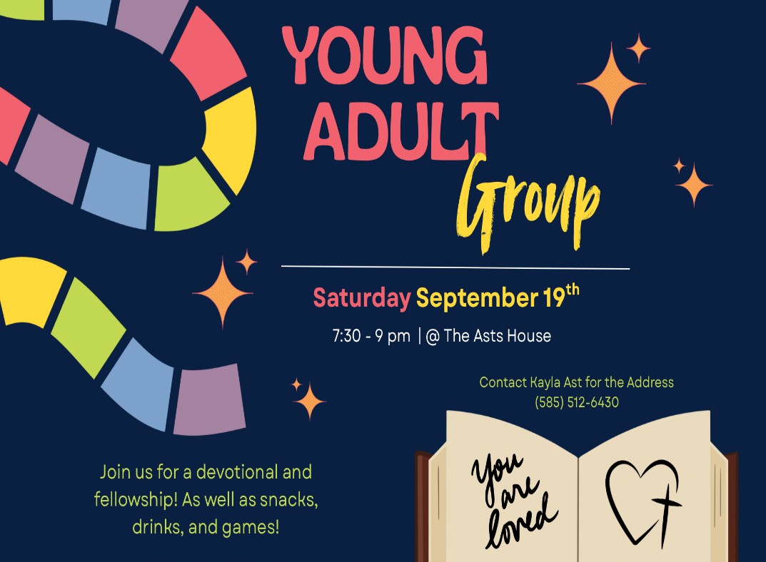 Young Adult Group flyer for Saturday, September 19, with fellowship, snacks, drinks, and games.